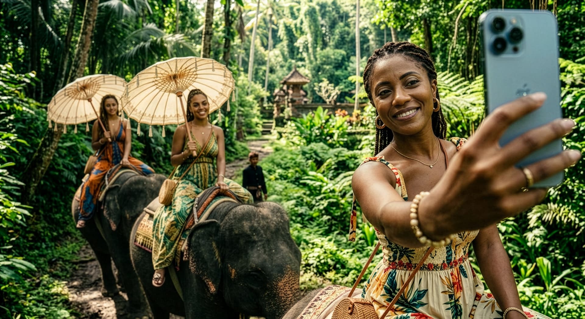 Friends riding elephants through a Balinese jungle, one taking a selfie