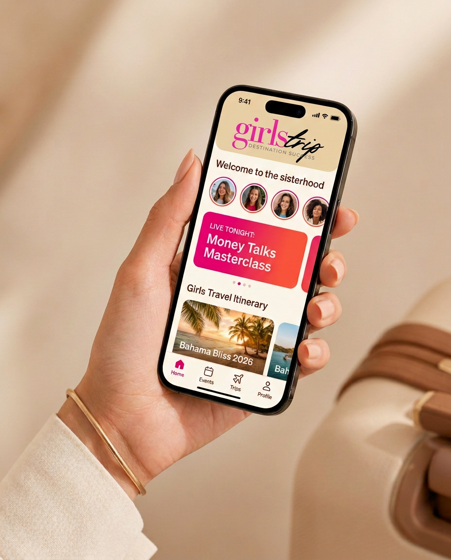 A hand holding a phone showing the Girls Trip Society community app