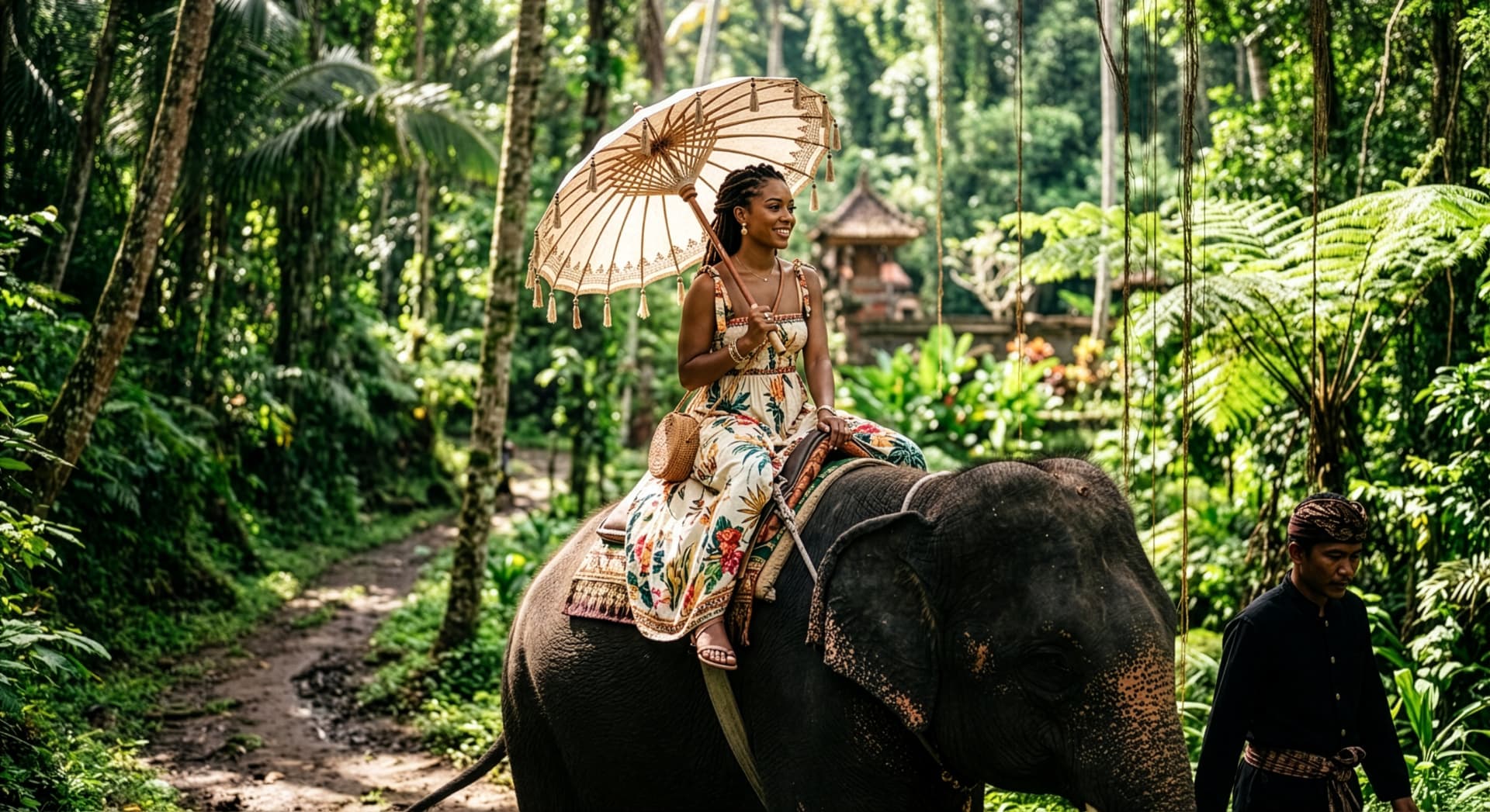 Woman with a parasol riding an elephant through a Balinese jungle
