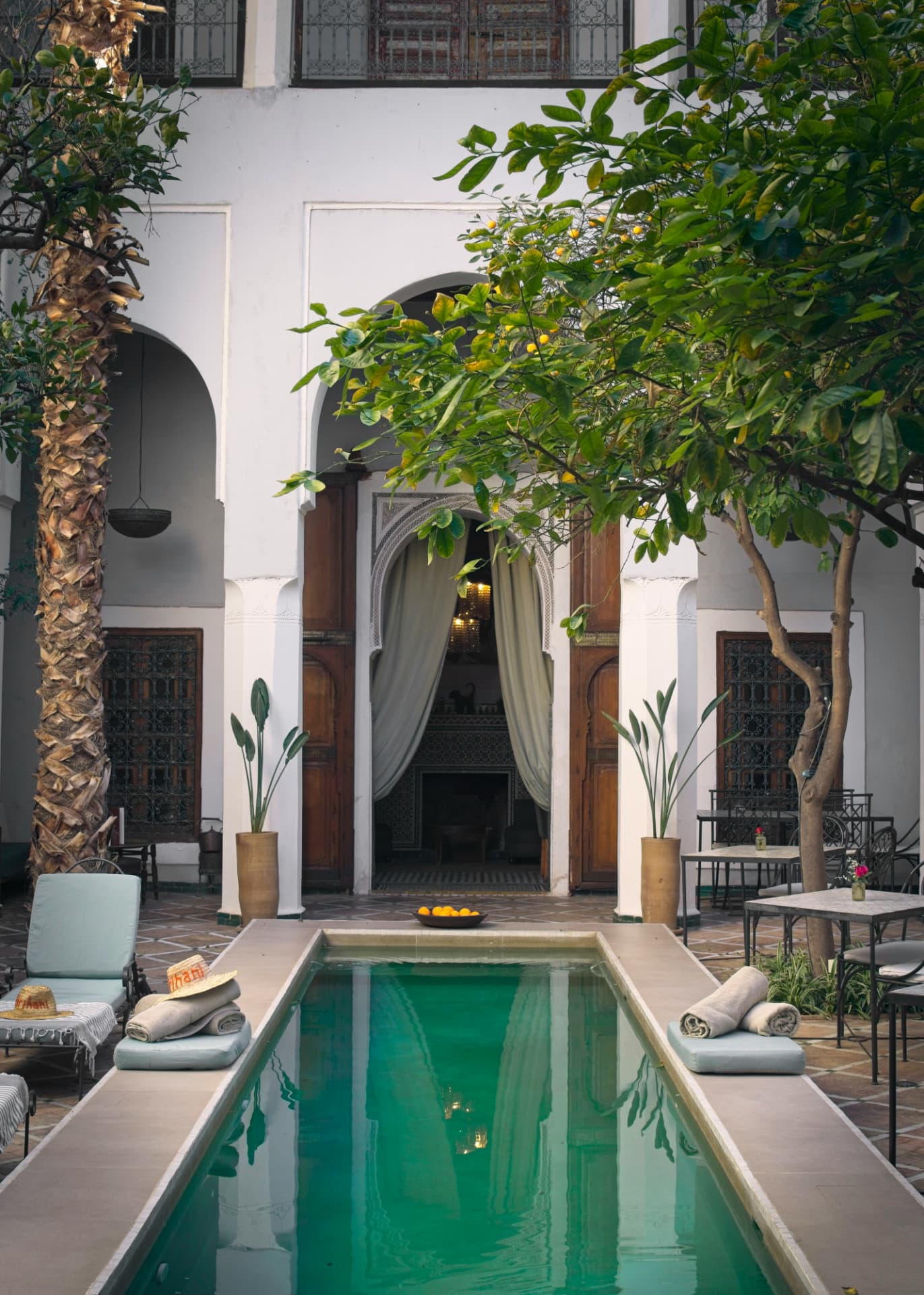 Sunlit riad courtyard with a plunge pool in Marrakesh