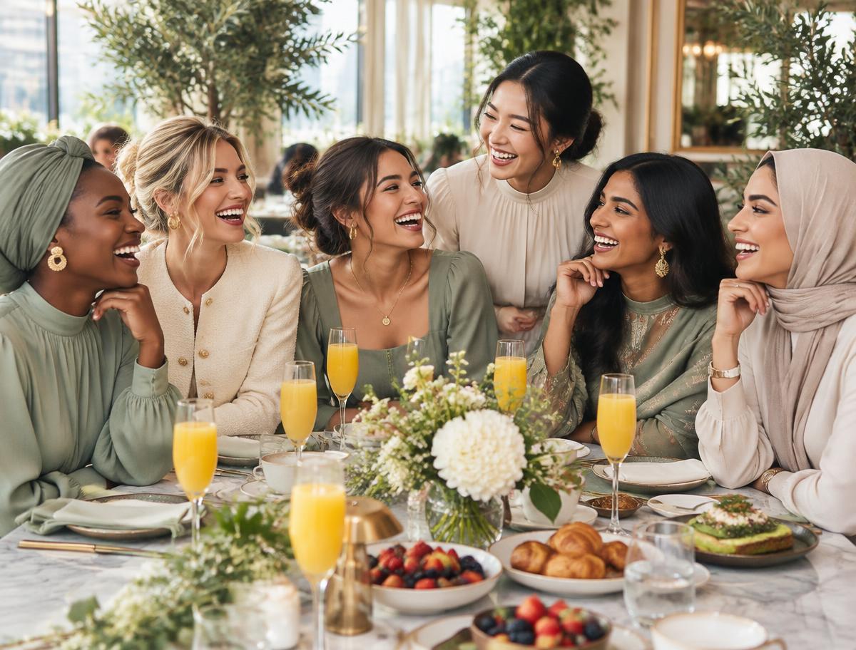 Six women of different races laughing together around a bright brunch table
