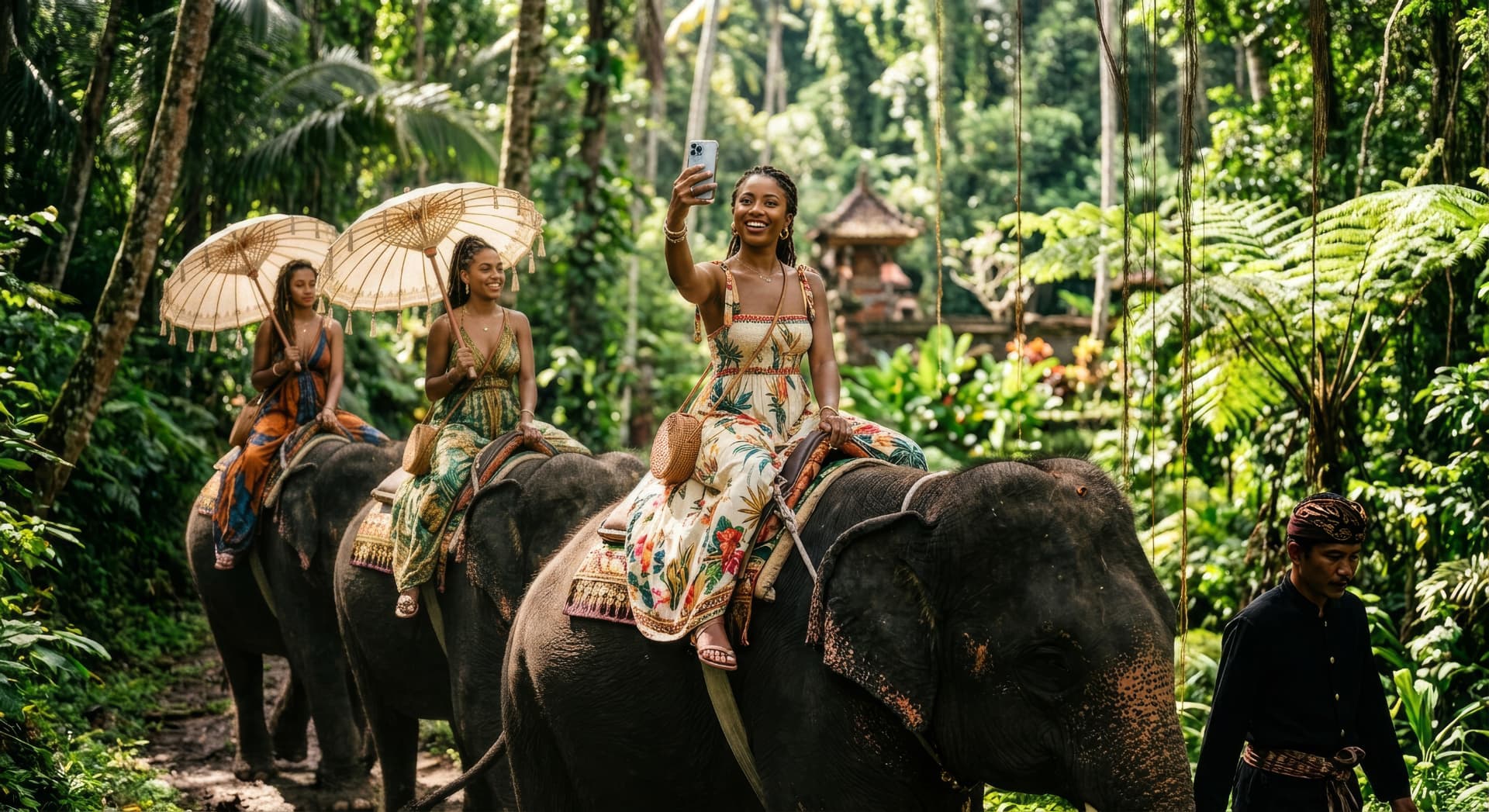 Three friends riding elephants through a Balinese jungle, one taking a selfie