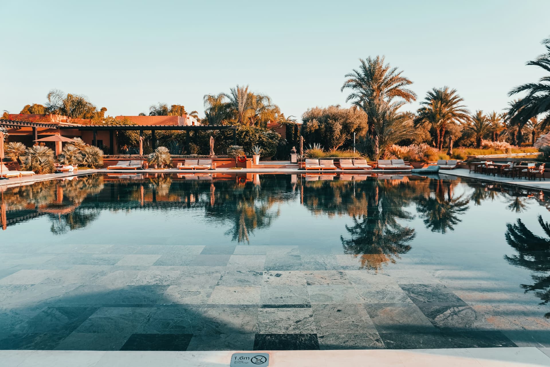 Palm-lined resort pool at golden hour in Marrakesh