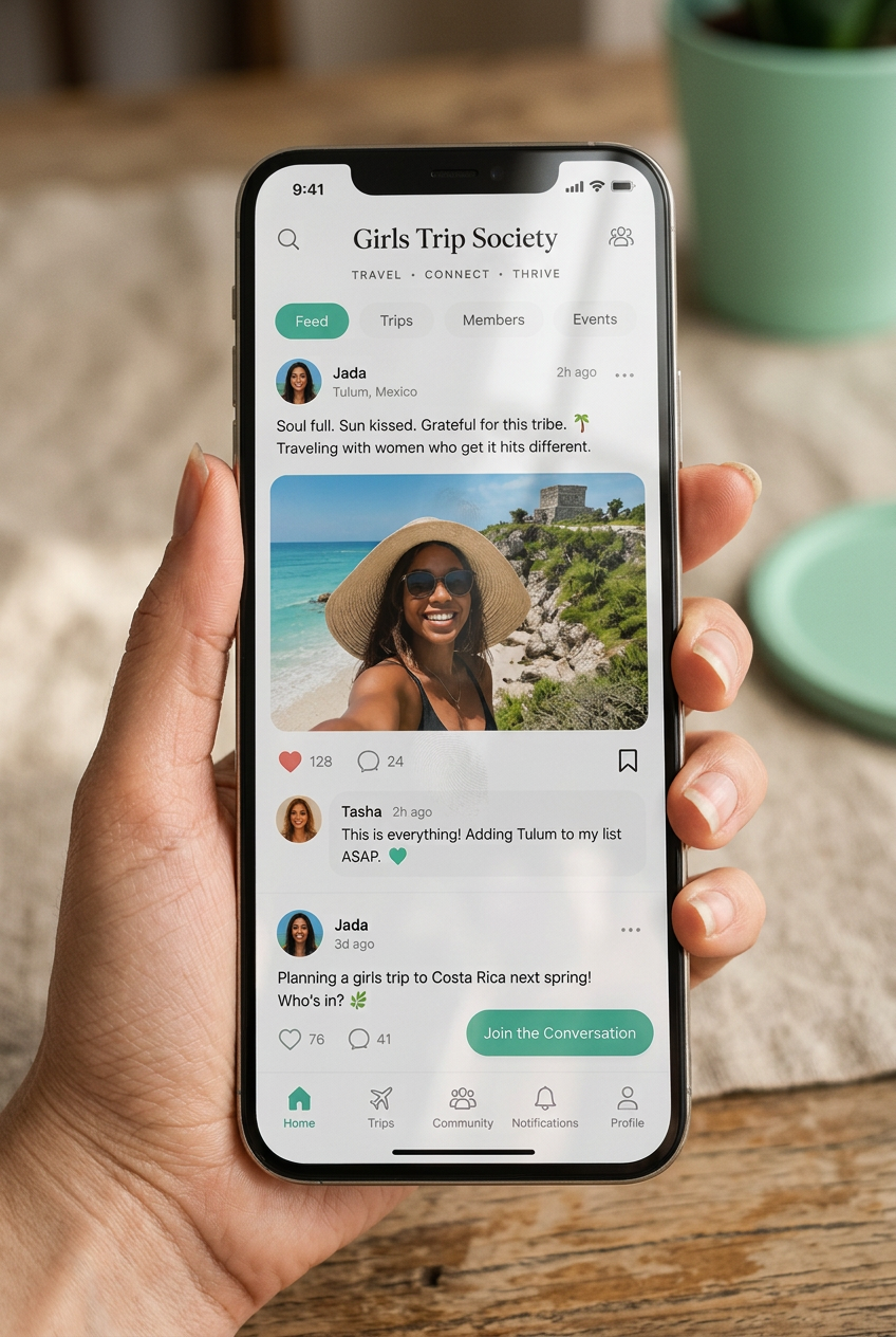 Hand holding a phone showing the Girls Trip Society community app feed