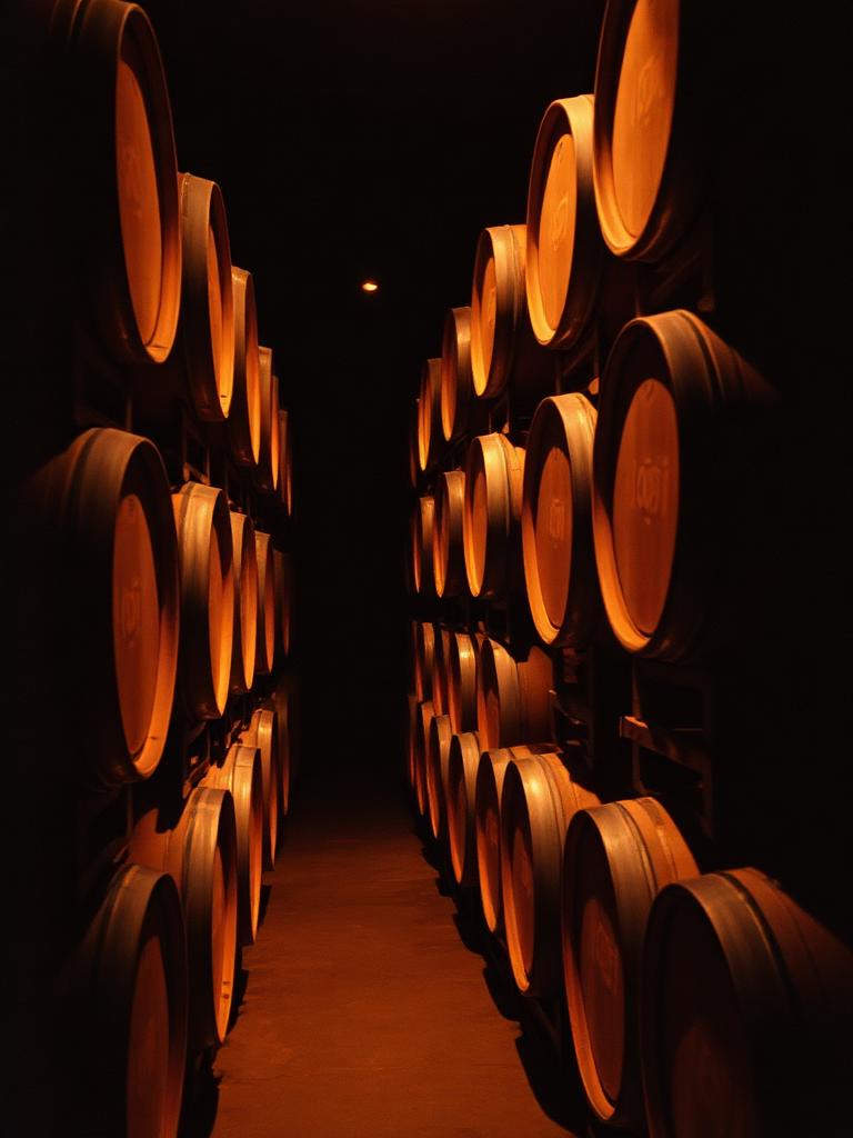 Stacked oak wine barrels in a candlelit cellar