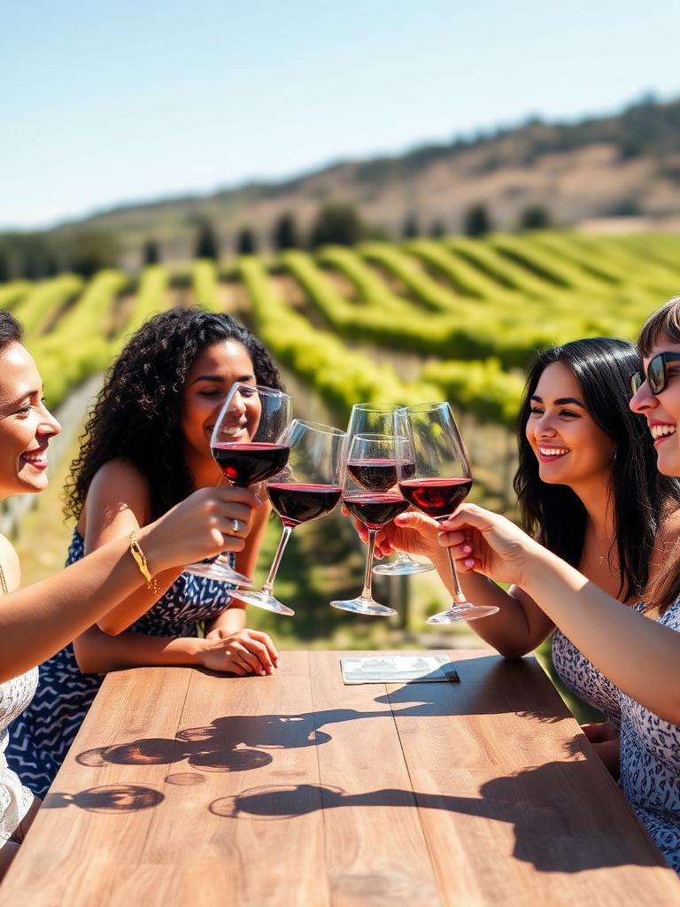 Women toasting red wine at a sunny vineyard table