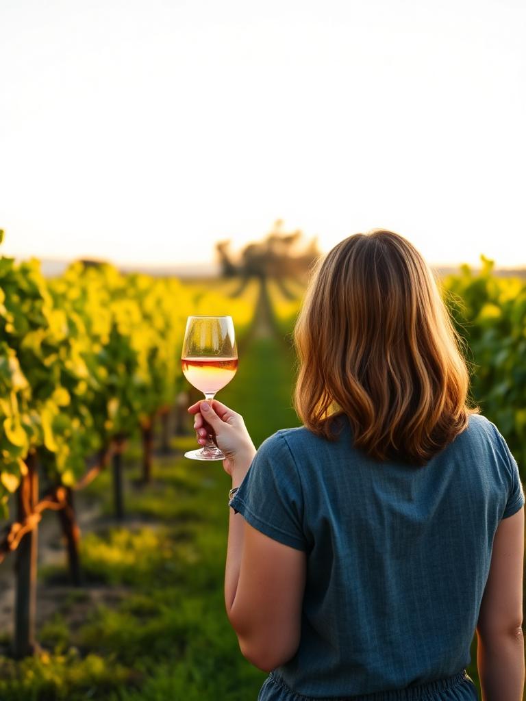 Woman with a glass of rosé looking down rows of grapevines