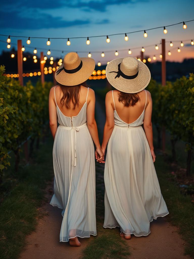 Two women in white dresses walking a vineyard path under string lights