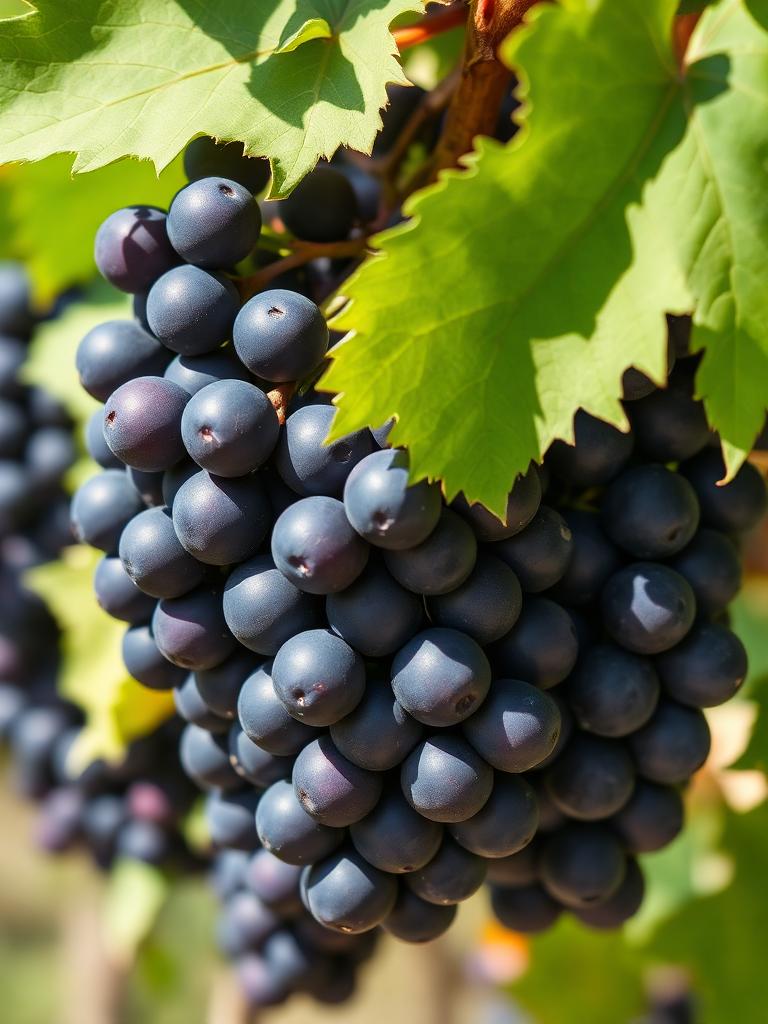 Cluster of dark purple grapes on the vine