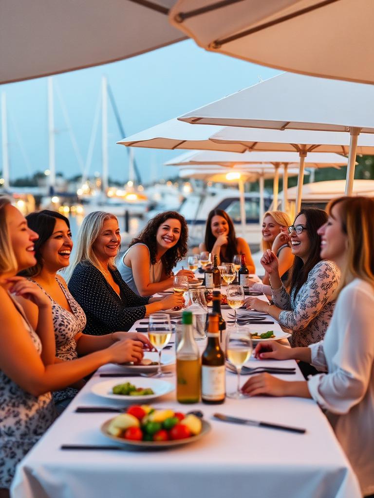 Women laughing at a harbor-side dinner under white umbrellas