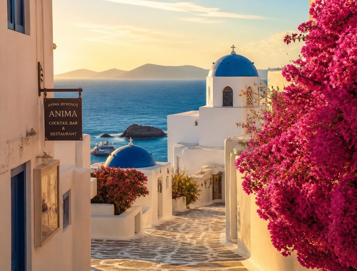 Whitewashed alley with blue domes overlooking the sea in Mykonos, Greece